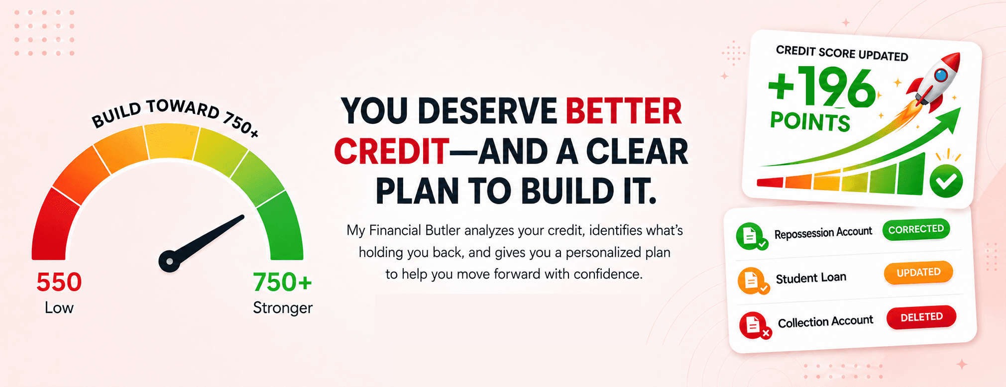 Build toward a stronger credit profile with My Financial Butler: a credit gauge, a clear personalized plan, score progress, and corrected account statuses.